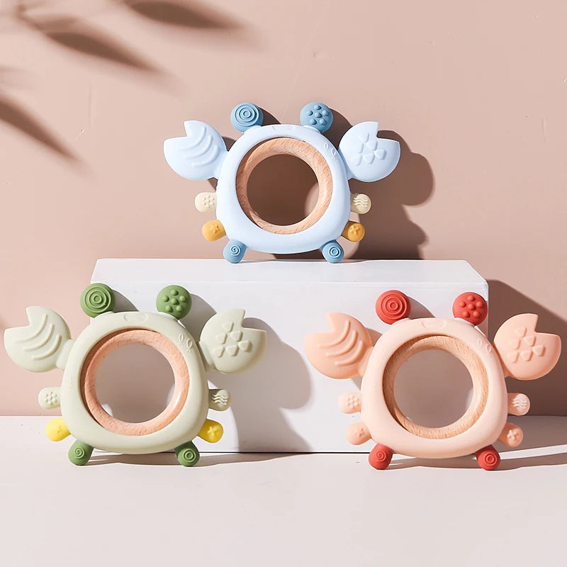 Silicone Baby Teether Baby Toys 0 to 6 Months BPA Free Chewing Teething Toys Crab Wooden Ring Teether Reborn Silicone Baby Toys