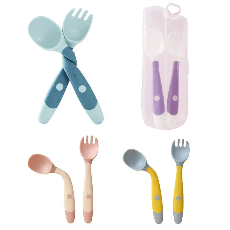 Baby Self Feeding Spoon Set 2Pcs, 360 Twist Anti-Drop Silicone Training Spoon + Fork for 6-24 Month Toddler BPA Free
