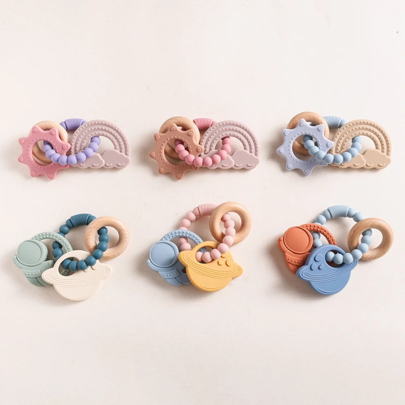 1Pc Silicone Teether,Food Grade Baby 0-12 Toys,Toddlersteething Ring Sensory Toys,Silicone Planet Teether Bracelet Accessories