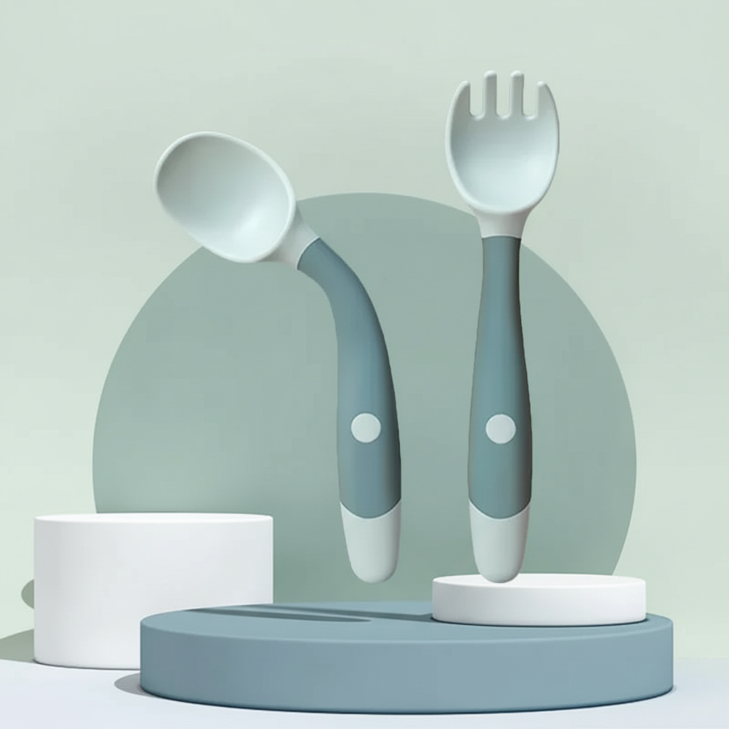 Set de Couverts Ergonomiques pour Bébé - Cuillère et Fourchette en Silicone